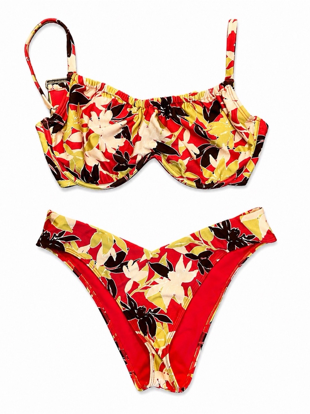 Abercrombie & Fitch Red Brown Floral Bikini Set Medium Curve Love (36DD) & Large